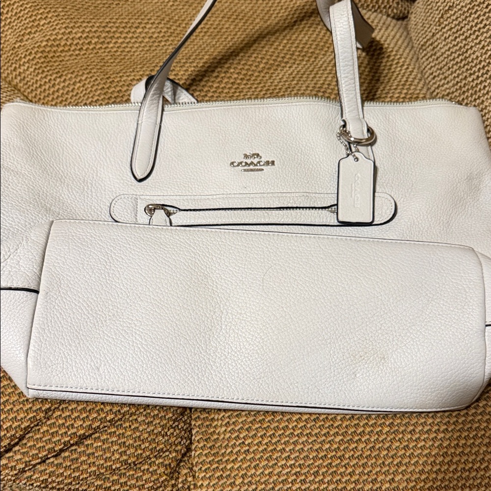 Coach White Pebbled Leather Tote with Front Pocket
